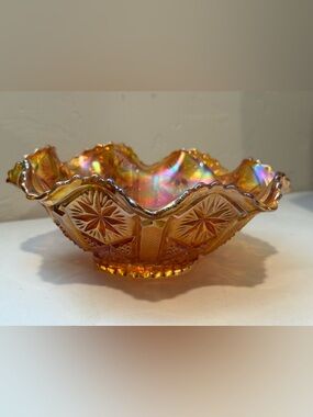 Carnival Glass Bowl Vintage Iridescent Marigold With Ruffled Edge And  'Star ...
